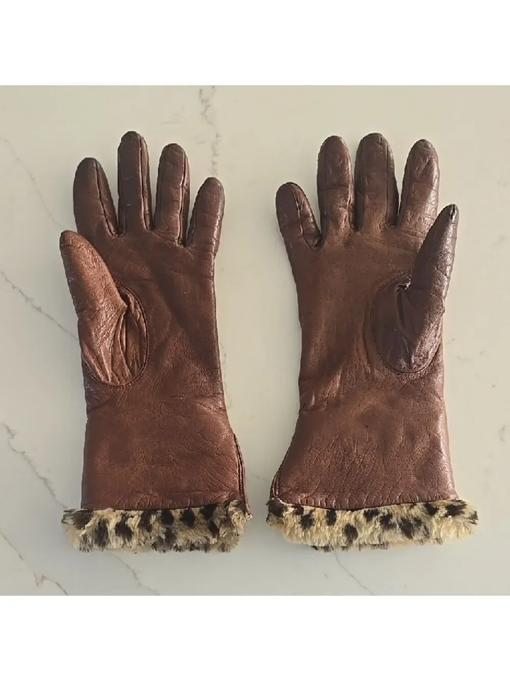 Isotoner Cashmere Lined Brown Leather Gloves with Faux Fur Cuff